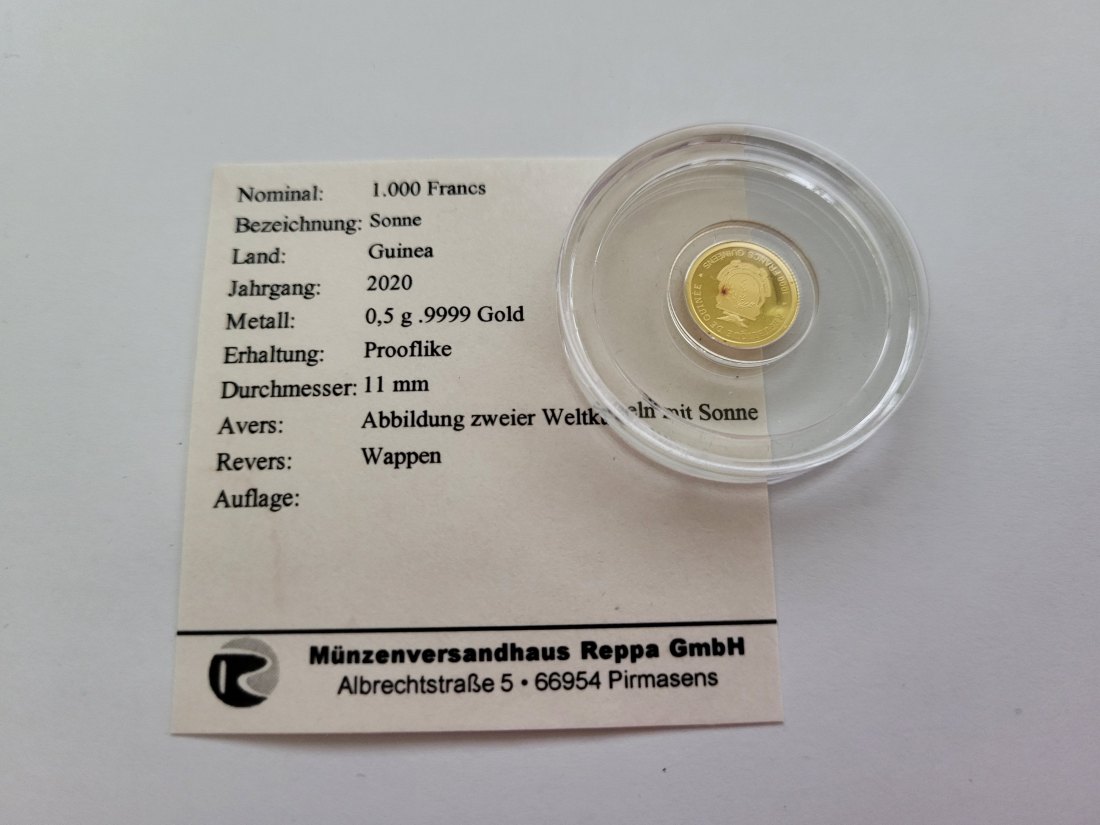  1000 Francs 2020 Sonne Unified Nation Goldmünze 0,5g 9999 Guinea Spittalgold9800 (5525   