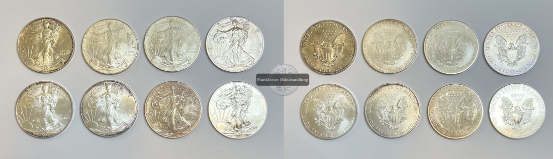  USA 1 Dollar American Silver Eagle LOT 8 Münzen (1992 - 2020) FM-Frankfurt Feinsilber: 248g   