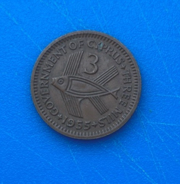  Zypern 3 Mils 1955 Elizabeth II Fisch Bronze-Münze   