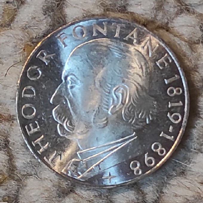  Deutschland 5 Mark 1969, SILBER, 150. Geburtstag von Theodor Fontane   