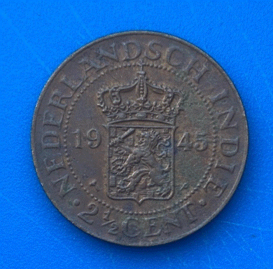  Niederländisch-Indien 2 1/2 Cent 1945 Bronze-Münze Wilhelmina Kolonie   