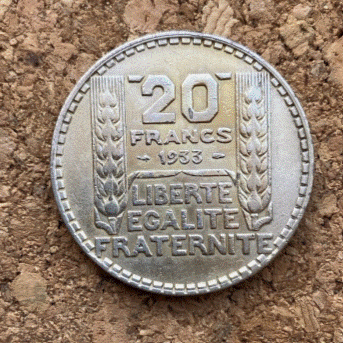  SILBER -  20 Francs Frankreich 1933 Große schwere Silbermünze   