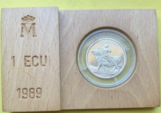  Spanien 1 ECU 1989 Die Entführung von Europa | Orognal Holzbox   