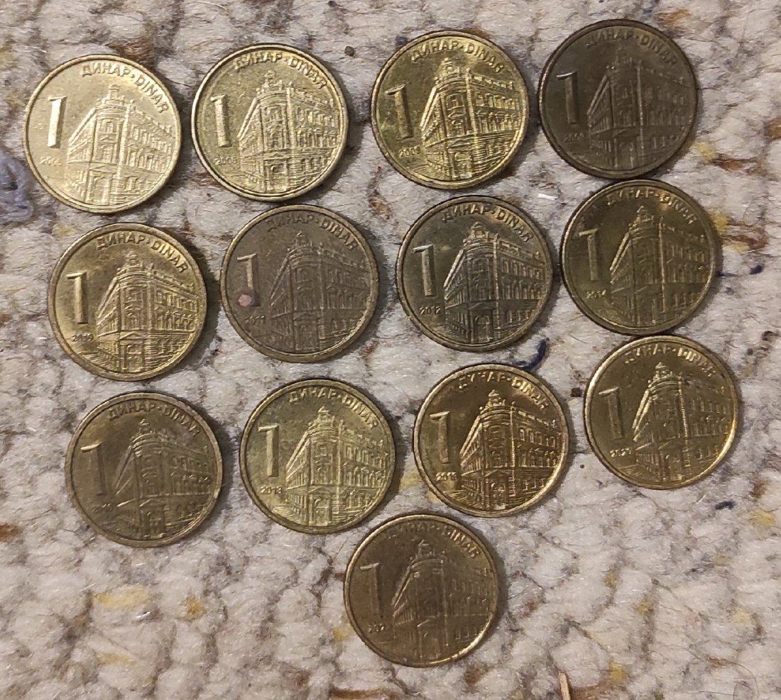  Set 033: Serbien Münzlot mit 15 x 1 Dinar verschiedener Prägejahre   