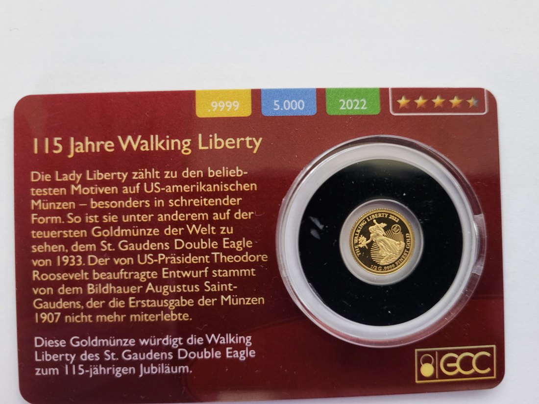  5 Dollar 2022 115 Jahre Walking Liberty Goldmünze 0,5g 9999 Cook Island Spittalgold9800 (5525   