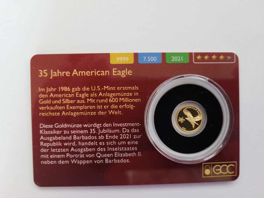  10 Dollar 2021 35 Jahre American Eagle 9999/0,5g Goldmünze Barbados Spittalgold9800 (5525   