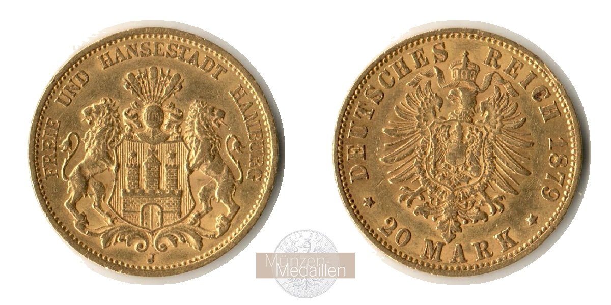 Hamburg, Kaiserreich MM-Frankfurt KM#602 Feingold: 7,17g 20 Mark (1875-1889) 1879 J 