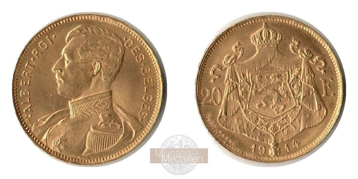  Belgien 20 Francs Albert I  1914 MM-Frankfurt KM#78 Feingold: 5,86g   