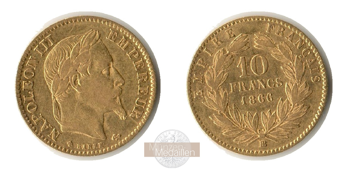 Frankreich MM-Frankfurt Feingold: 2,90g 10 Francs BB 1866 