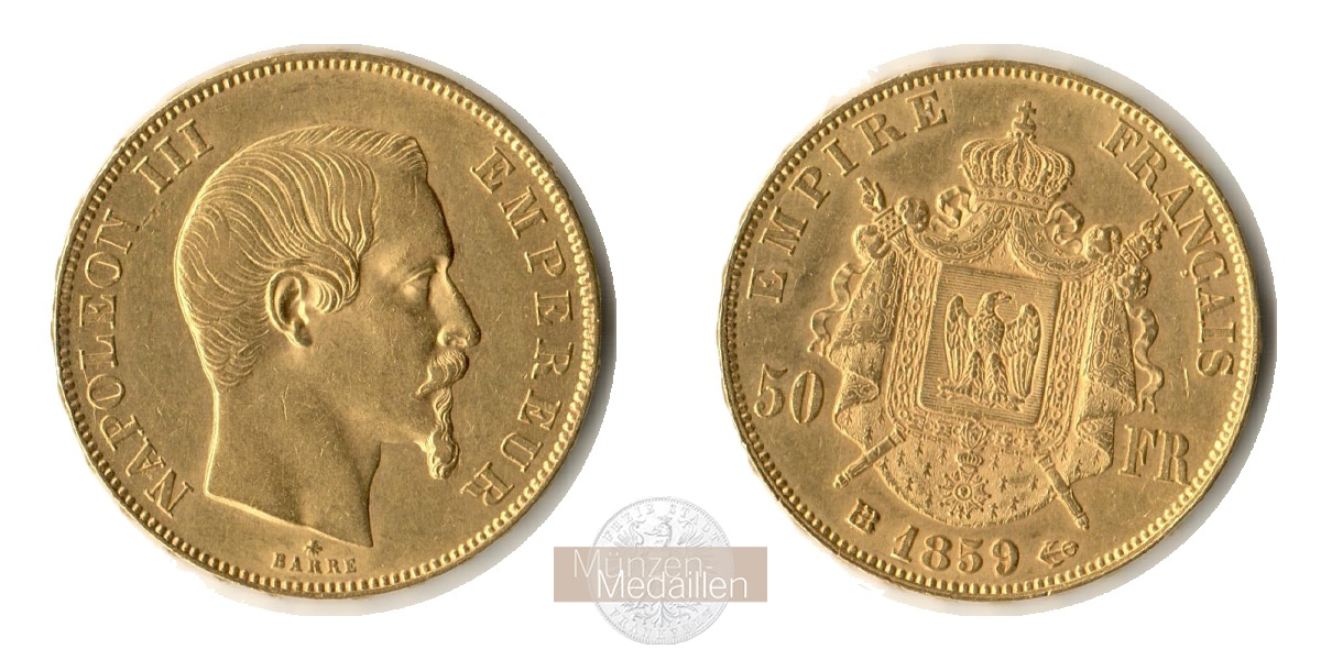 Frankreich MM-Frankfurt Feingold: 14,52g 50 Francs 1859 A 
