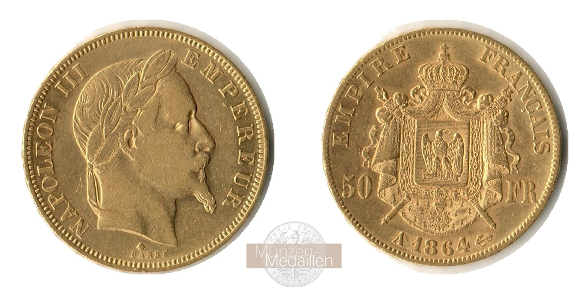 Frankreich  50 Francs  1864 A MM-Frankfurt Feingold: 14,52g Napoleon III.  