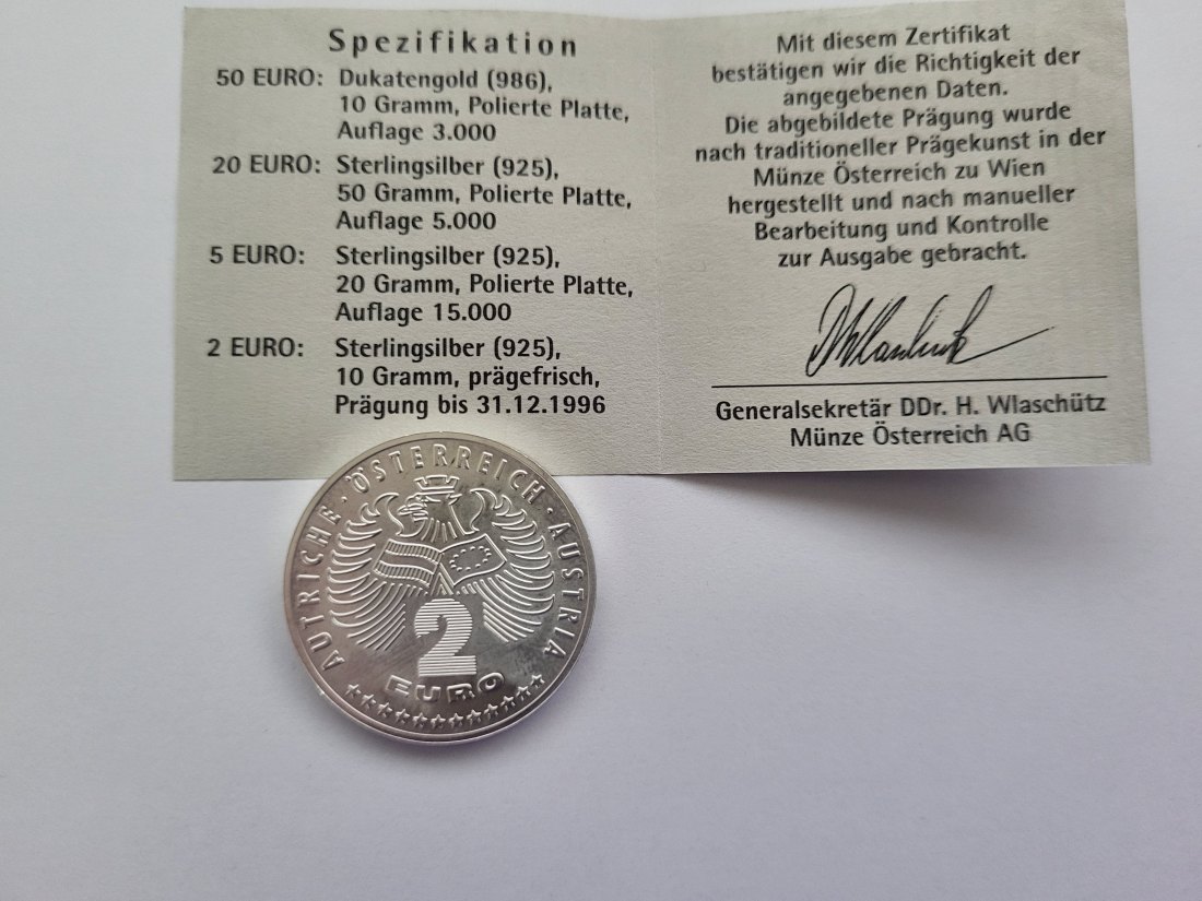  2 Euro 2096 Europa ohne Grenzen Silbermünze 925/10g Österreich Spittalgold9800 (3469)   