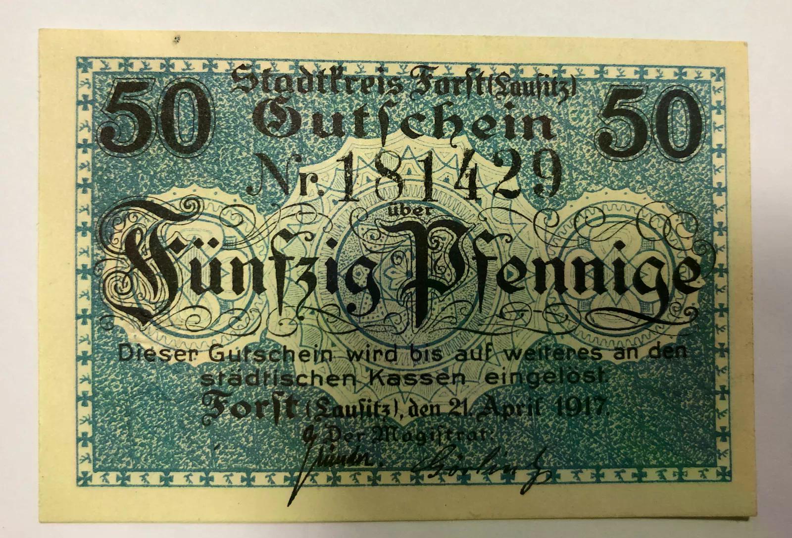  #L28 Notgeld Gutschein Fünfzig Pfennige Stadtkreis Forst Lausitz /Notgeld/ 21. April 1917 Nr.181429   