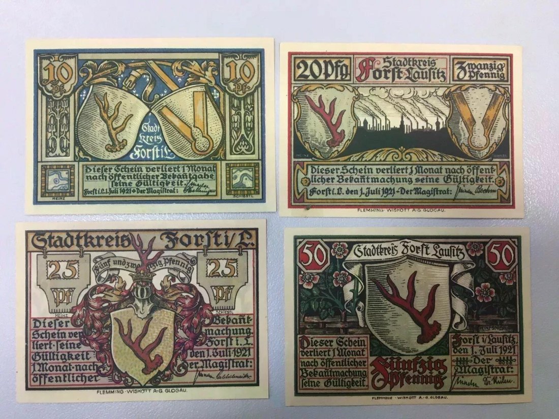  #L29 Notgeld 1 Satz 10, 20, 25, 50 Pfennig Stadtkreis Forst Lausitz /Notgeld/01. Juli 1921   