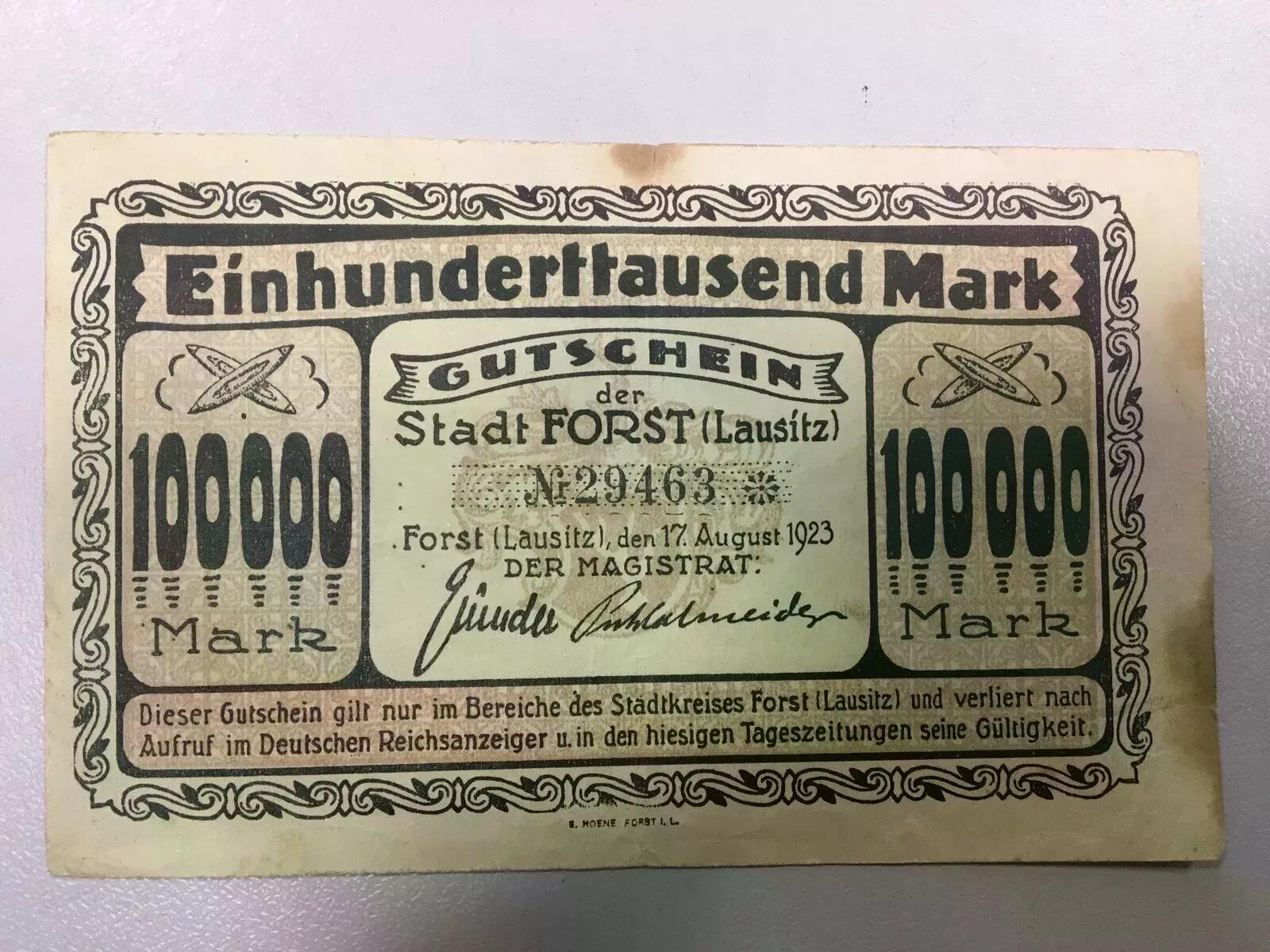  #L30 Notgeld Gutschein Einhunderttausend Mark Stadt Forst Lausitz /Notgeld einseitig/ 17. August 192   