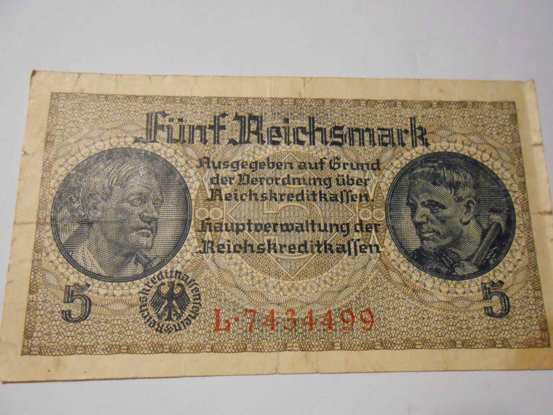  #L34 Fünf Reichsmark Reichskreditkassen o.D. Ro-553a), neu ZWK-4a) KN 7stellig L 7434499   