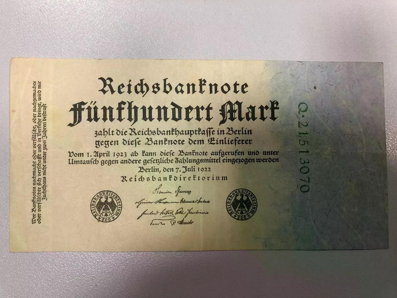  #L36 Fünfhundert Mark Reichsbanknote einseitig 07.07.1922 Ro71c) neu DEU-82b) KN grün 8stellig Serie   
