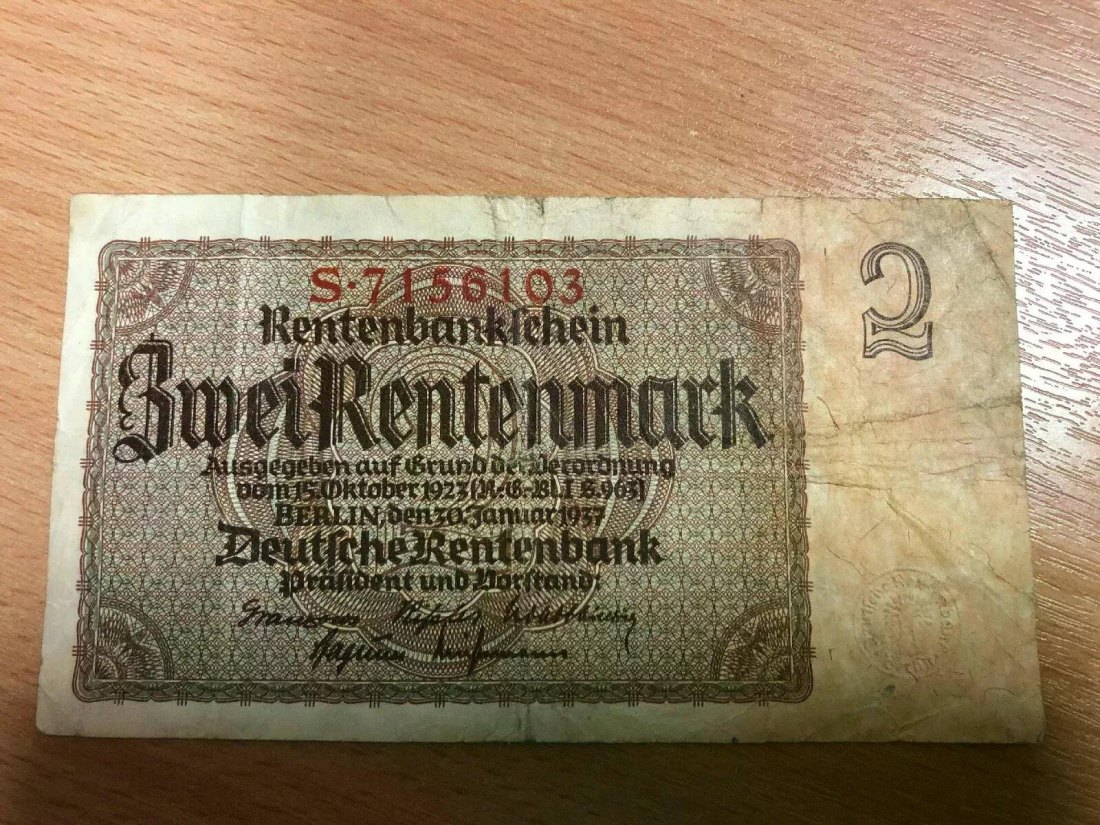  #L37 Zwei Rentenmark vom 30.01.1937  Ro-167a) neu DEU-223a) KN rot 7stellig Serie S 7156103   