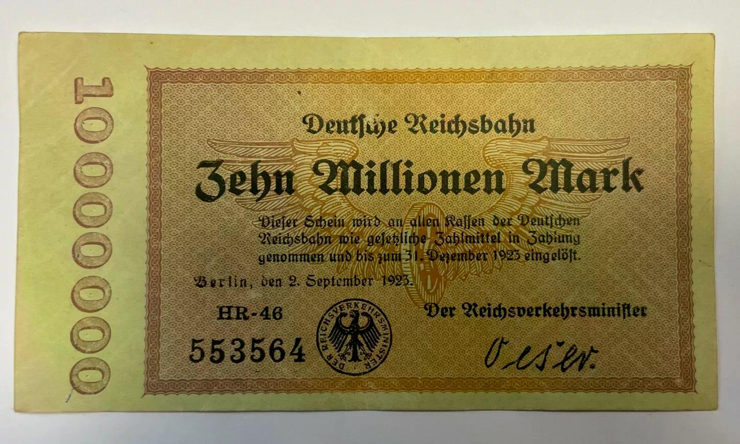  #L38 Zehn Millionen Mark Deutsche Reichsbahn einseitig 02.09.1923 RVM-4d) KN 4,7 mm 6stellig HR-48 5   