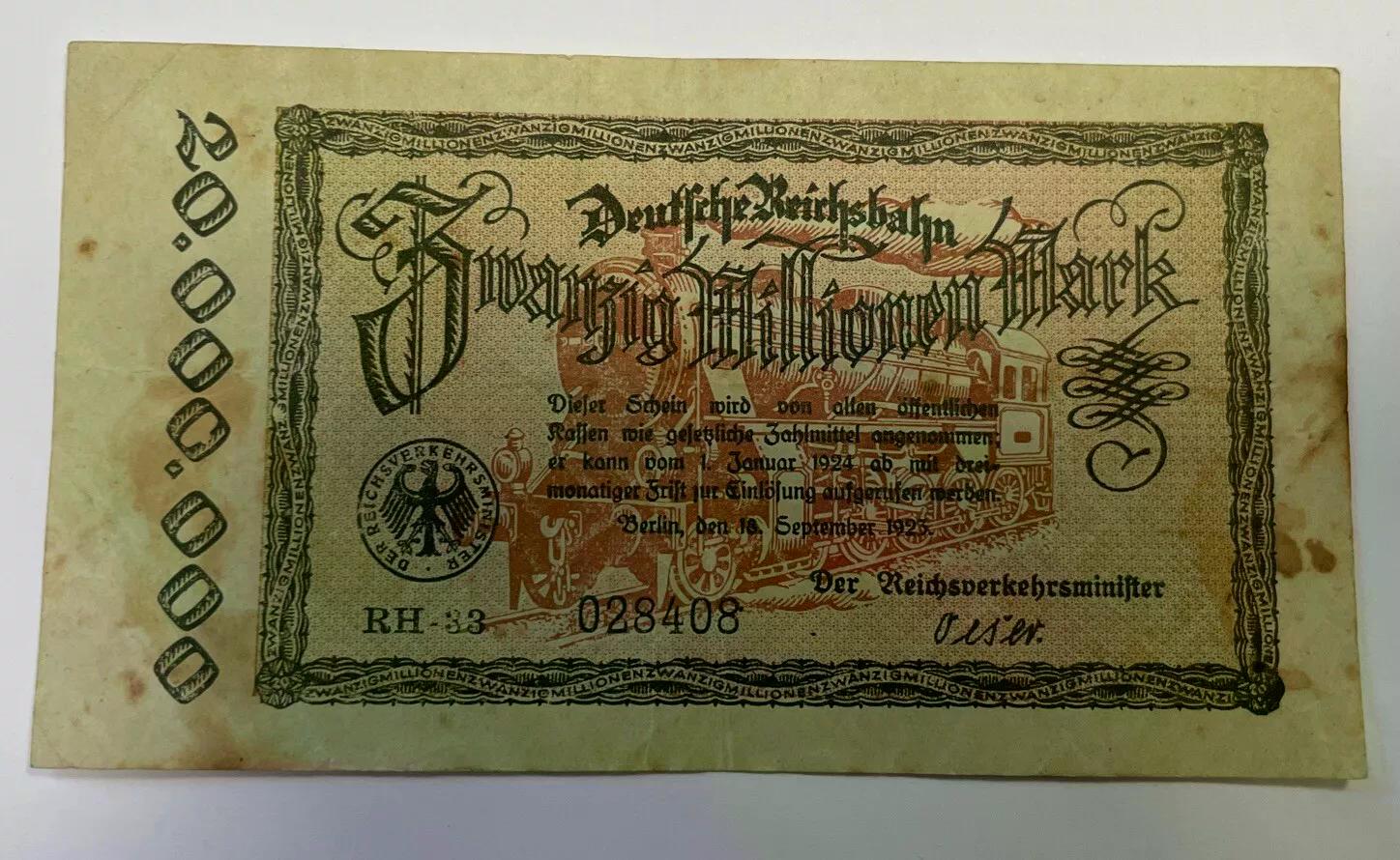  #L39 Zwanzig Millionen Mark Deutsche Reichsbahn einseitig 18.09.1923 RVM-5c) KN 3,5 mm 6stellig RH-3   