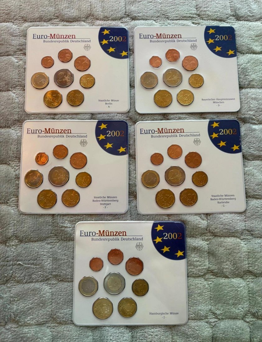  Deutschland 5 Kursmünzensätze 2002 ST-alle Prägestätten ADFGJ im Originalblister   