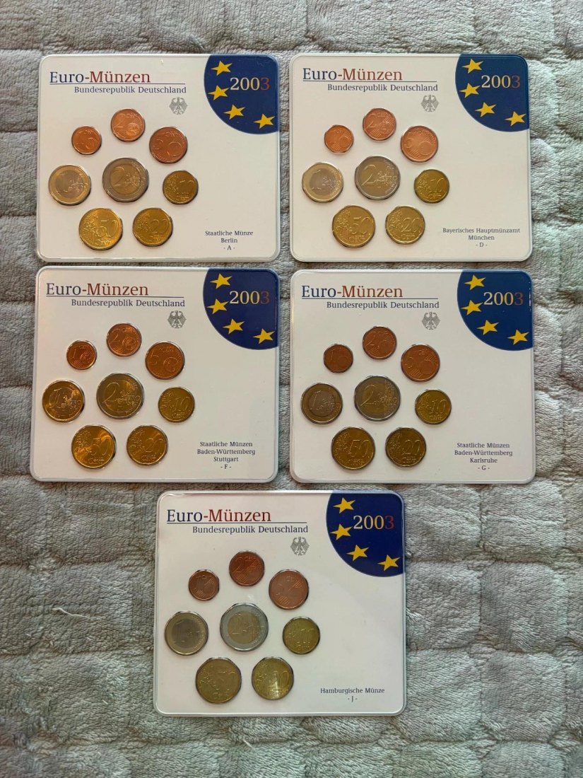  Deutschland 5 Kursmünzensätze 2003 ST-alle Prägestätten ADFGJ im Originalblister   