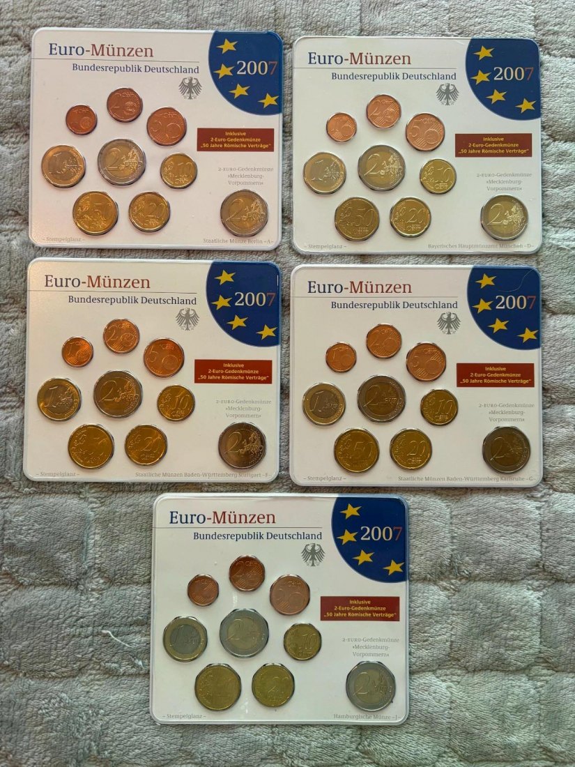  Deutschland 5 Kursmünzensätze 2007 ST-alle Prägestätten ADFGJ im Originalblister   