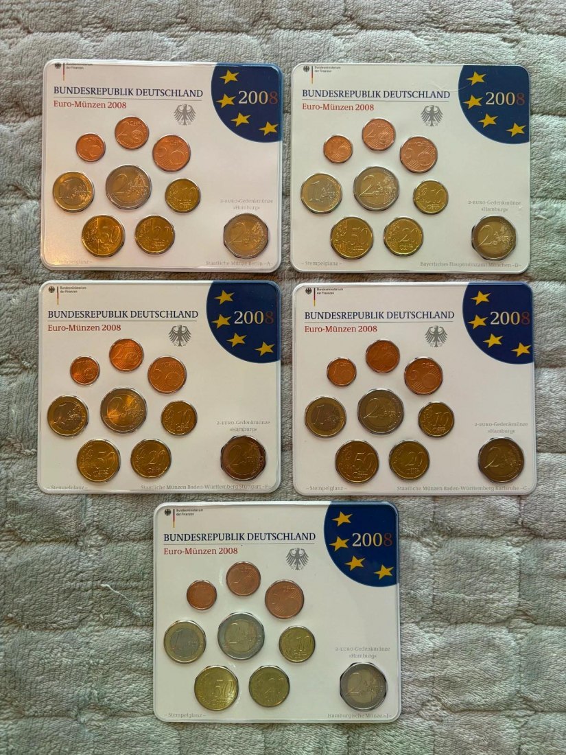  Deutschland 5 Kursmünzensätze 2008 ST-alle Prägestätten ADFGJ im Originalblister   