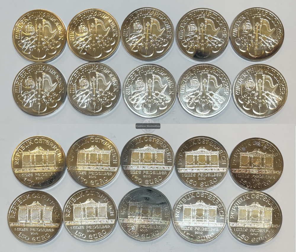 Österreich 10x 1,50 Euro Wiener Philharmoniker 2010 LOT FM-Frankfurt Feinsilber: 311g   