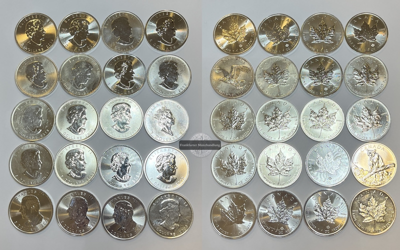  Kanada 20X 5 Dollar Maple Leaf LOT 1993-2026 FM-Frankfurt Feinsilber: 622g   