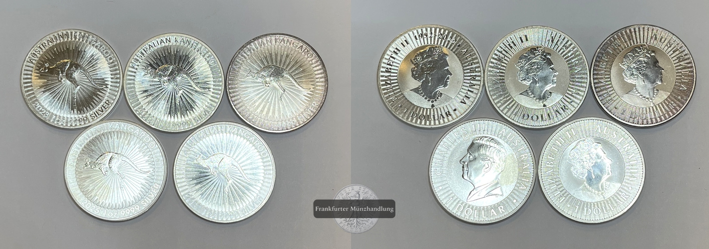  Australien 5x 1 Dollar 2022/23/25 Kangaroo FM-Frankfurt KM#3234 Feinsilber: 155,5g   