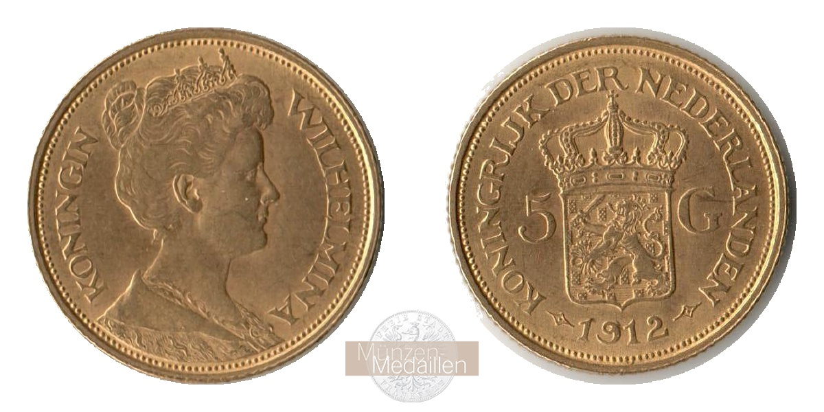 Niederlande, Wilhelmina MM-Frankfurt KM#151 Feingold: 3,02g 5 Gulden 1912 