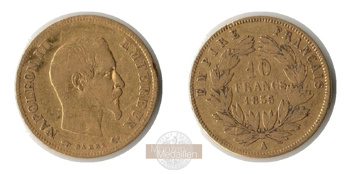 Frankreich MM-Frankfurt KM#784.1 Feingold: 2,9g 10 Francs Napoleon III 1855 A 