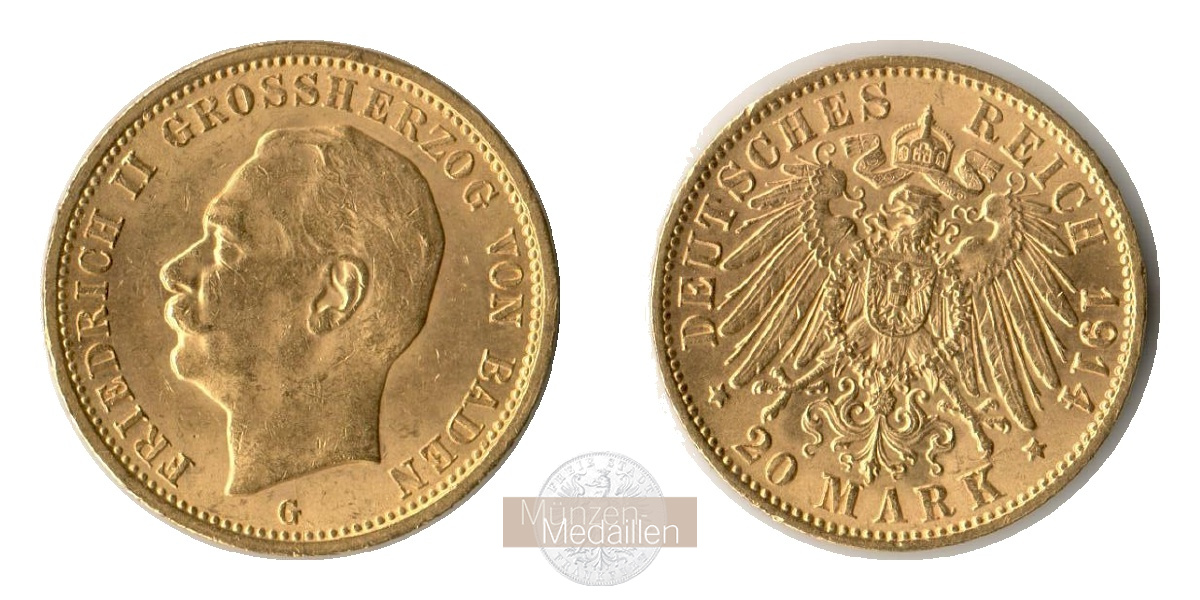 Baden, Königreich 20 Mark MM-Frankfurt Feingold: 7,17g Friedrich II. 1907-1918 1914 G 