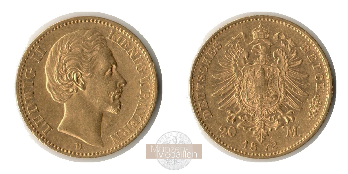 Deutsches Kaiserreich. Bayern, MM-Frankfurt Feingold: 7,17g Ludwig II. 1864-1886. 20 Mark 1872 D 