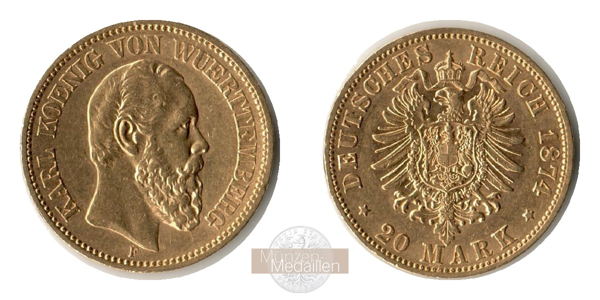 Deutsches Kaiserreich, Württemberg MM-Frankfurt Feingold: 7,17g Karl. 20 Mark 1874 F 