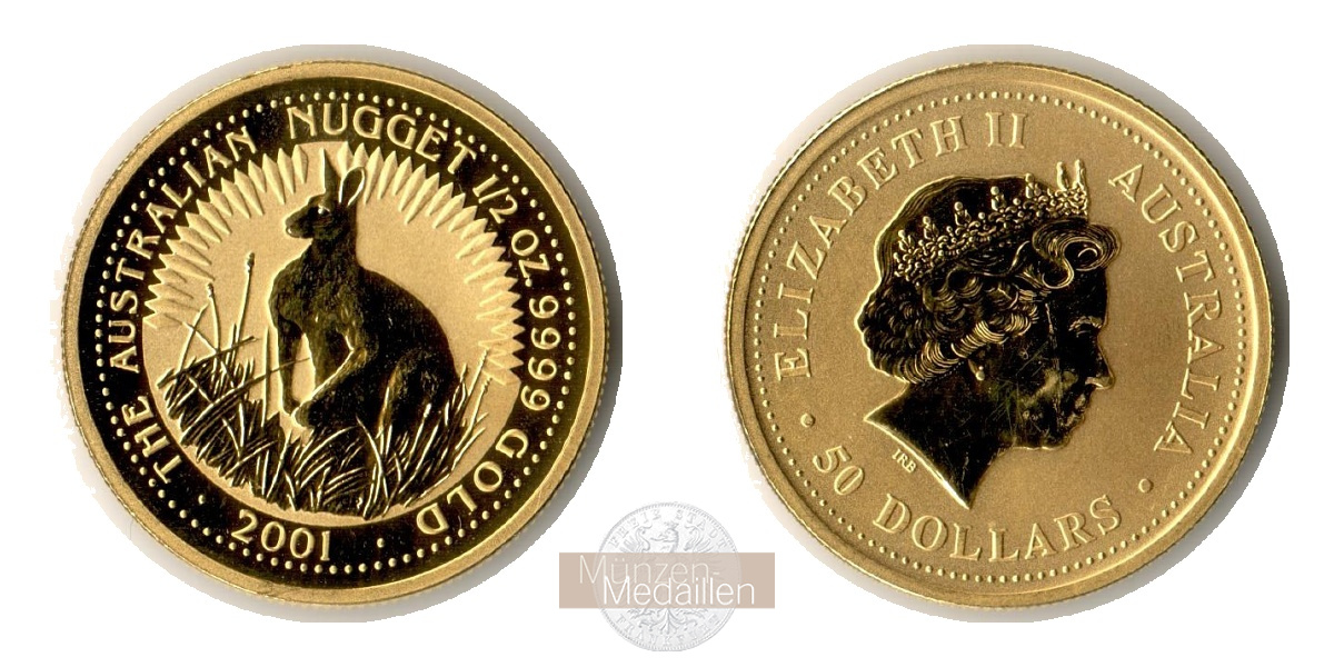 Australien 50 Dollars MM-Frankfurt KM#909 Feingold: 15,55g Kangaroo/Nugget 2001 