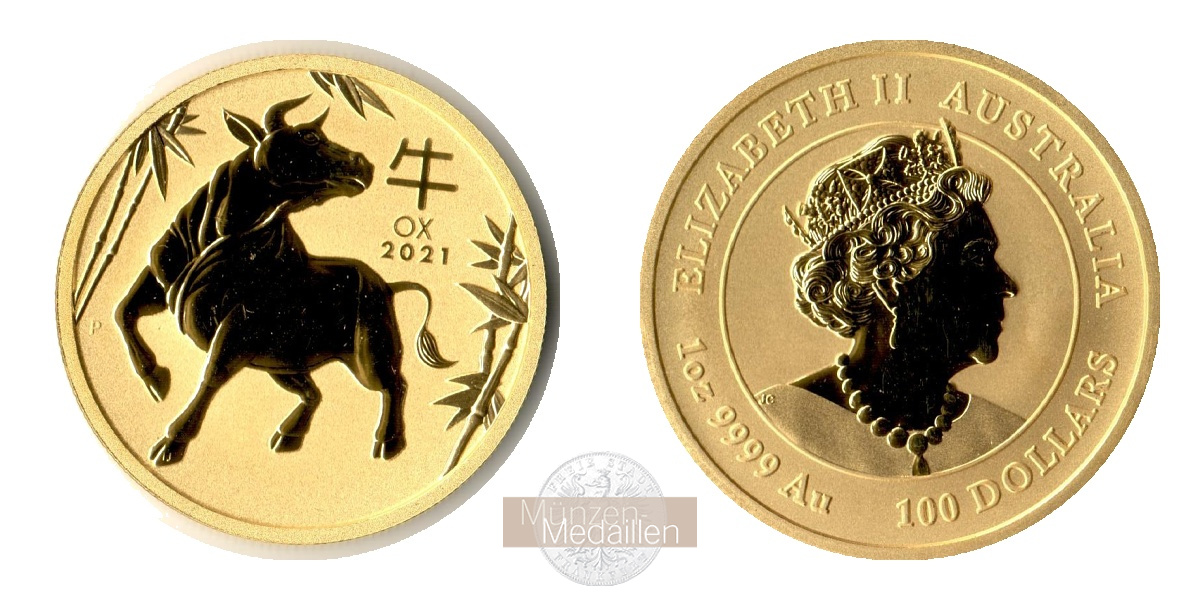 Australien MM-Frankfurt Feingewicht: 31,10g 100 Dollar Ochse 2021 