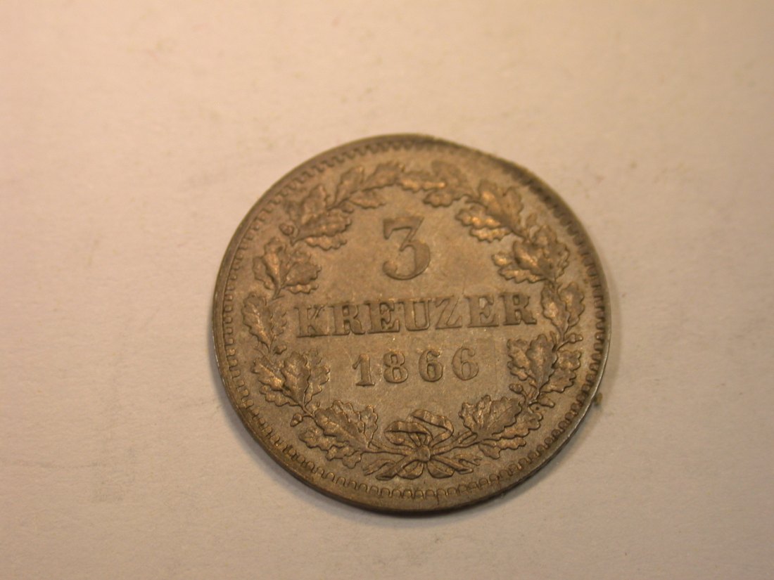  K03 Hessen-Darmstadt  3 Kreuzer 1866 Zainende, leichte lichtenrader Prägung in vz-st  Originalbilder   