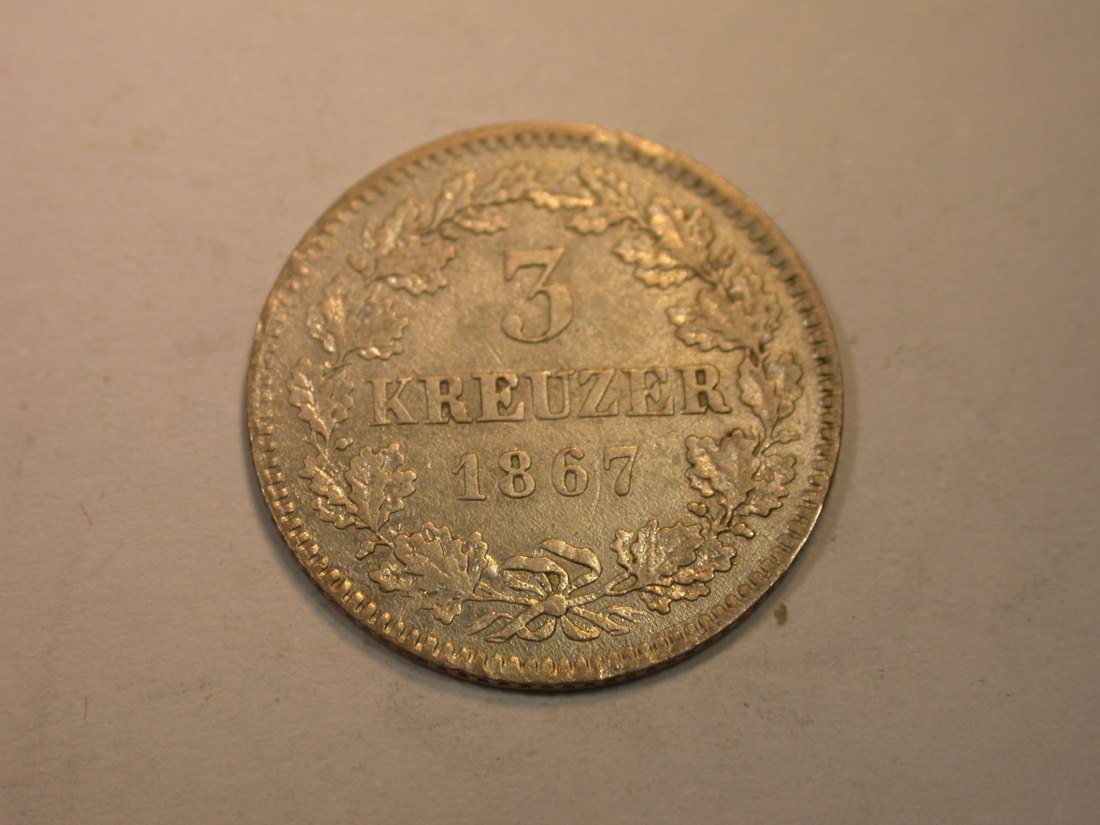  K03 Hessen-Darmstadt  3 Kreuzer 1867 in ss   Originalbilder   