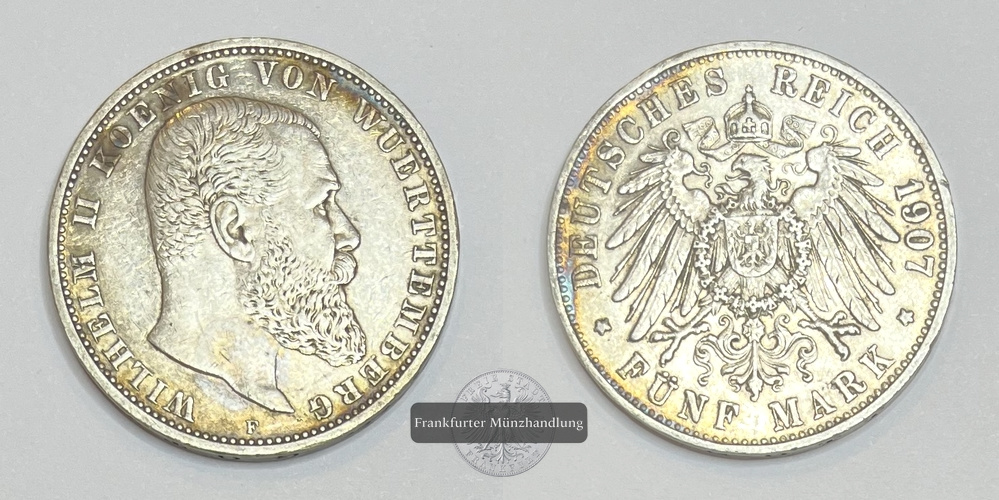  Kaiserreich Württemberg 5 Mark 1907 F  Wilhelm II. 1891-1918  FM-Frankfurt  Feinsilber: 25g   