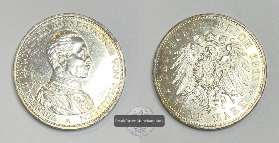  Deutsches Kaiserreich Preussen 5 Mark 1913 A  Wilhelm II. Uniform FM-Frankfurt Feinsilber: 25g   