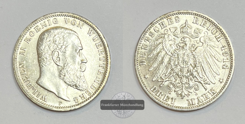  Dt. Kaiserreich Württemberg 3 Mark 1914 Wilhelm II F FM-Frankfurt KM#635 Feinsilber: 15g   