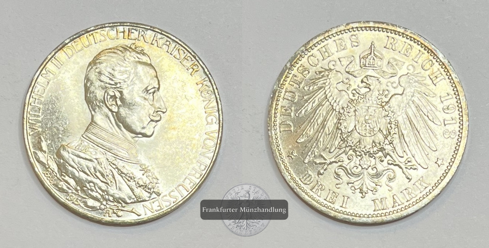  Dt. Kaiserreich 3 Mark Wilhelm II Preußen 1913 Uniform A FM-Frankfurt KM#535 Feinsilber: 15g   