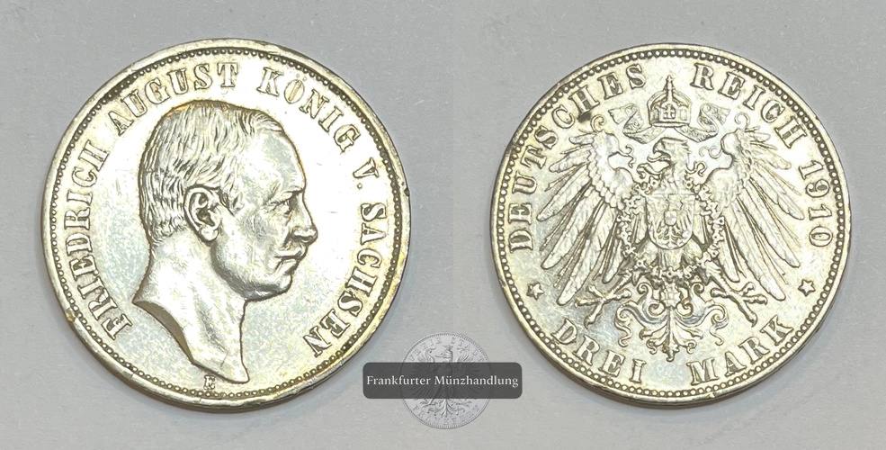  Deutsches Kaiserreich Sachsen 3 Mark 1910 E Friedrich August III FM-Frankfurt Feinsilber: 15g   
