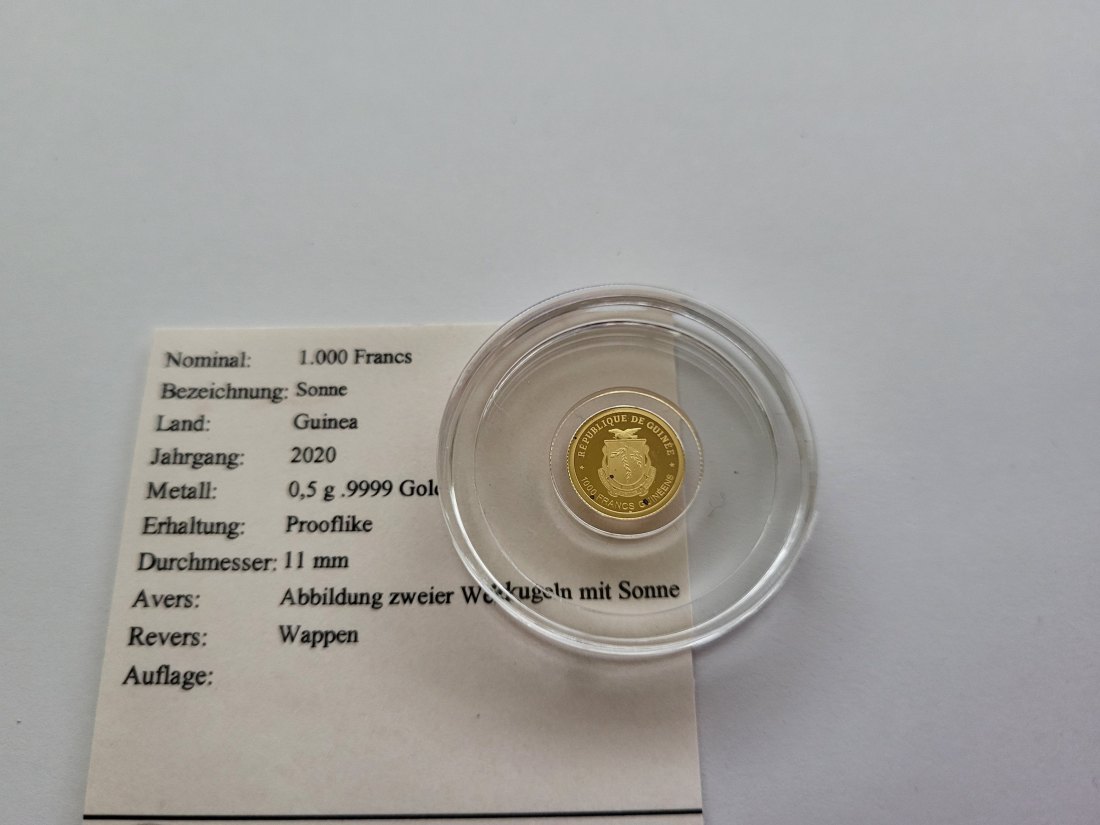  1000 Francs 2020 Sonne Unified Nation Goldmünze 0,5g 9999 Guinea Spittalgold9800 (5525   