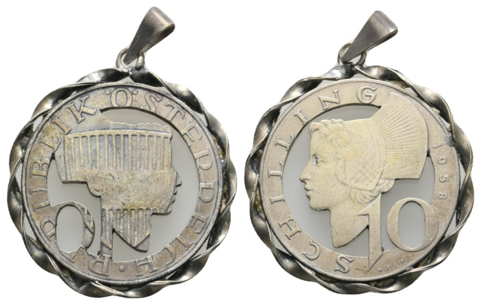  Österreich; 10 Schilling 1958; Schmuckfassung; gehenkelt; 7,13 g; Ø 30,57 mm   