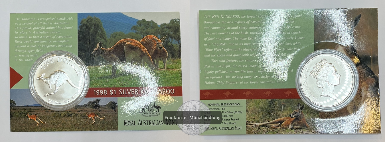 Australien 1 Dollar Silver Kangaroo 1998 im Original-Blister FM-Frankfurt Feinsilber: 31,1g   