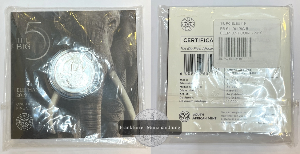  Süd Afrika 5 Rand  2019 South African Big Five Elephant  FM-Frankfurt Feinsilber: 31,1g   
