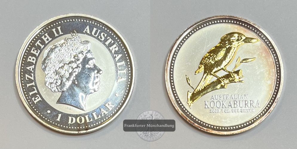  Australien 1 Dollar Kookaburra 2003 Goldapplikation FM-Frankfurt KM#666 Feinsilber: 31,1g   